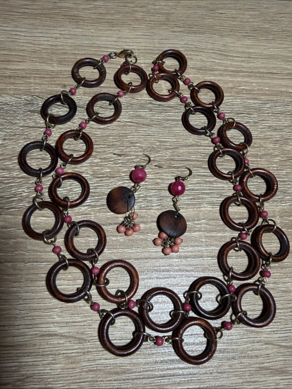 Banana Republic Brown and Pink Wooden Ring Long Necklace and Earring Set #632